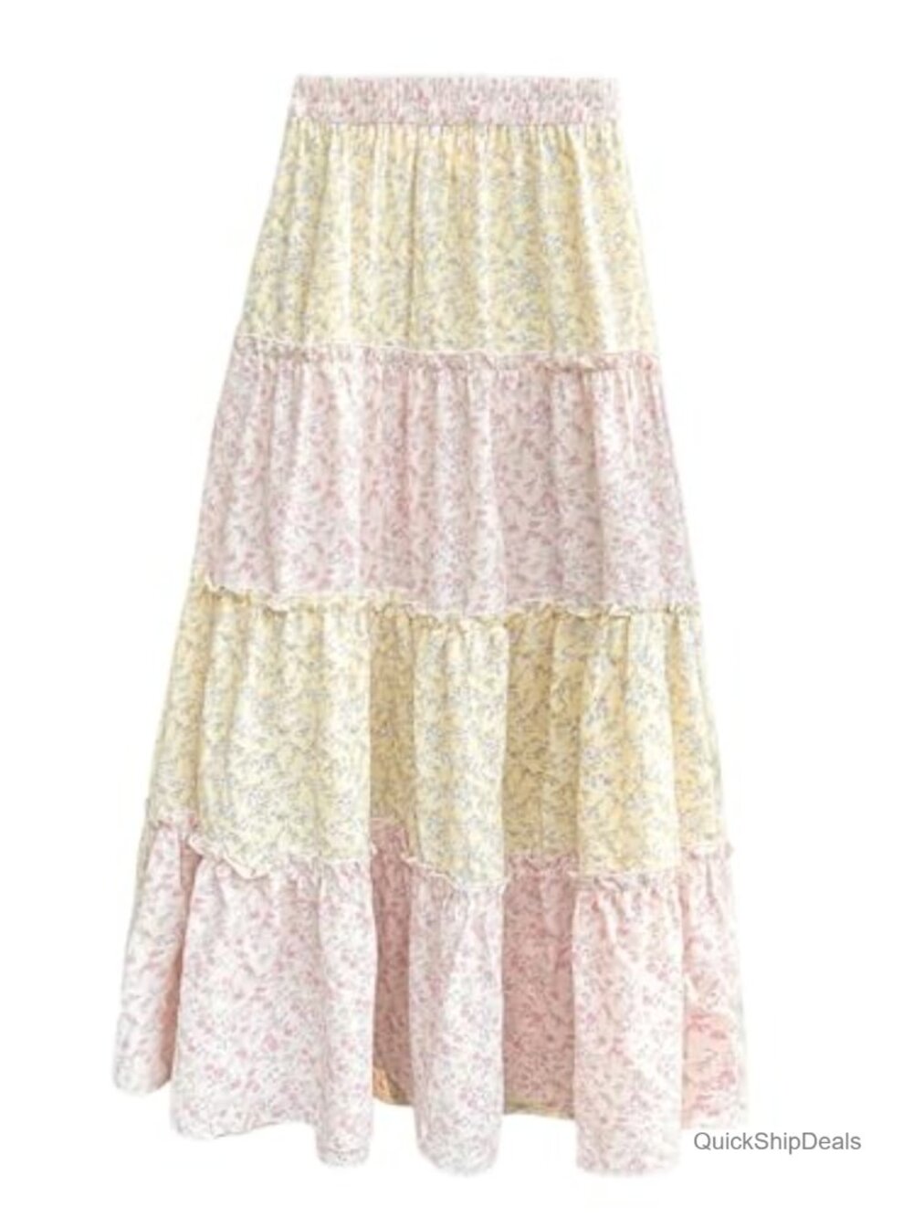 Boho Floral Maxi Skirt Plaid Gingham Ruffle Flowy A-Line Long Skirt